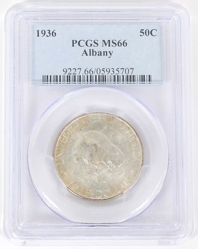 .50C ALBANY BEAVER ON A MAPLE BRANCH 1936 COIN STERLING SILVER CERTIFIED, GRADED MS-66, MINTAGE: 17,671 MINTED,  H 7" W 5" 