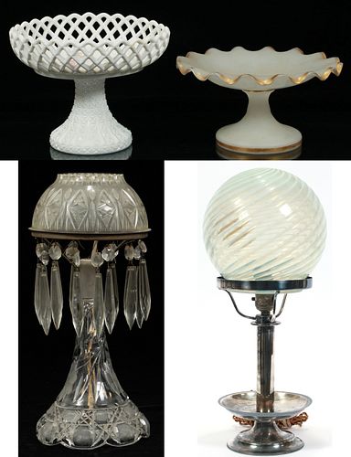 MAPPIN & WEBB SILVER PLATE LAMP AND A CUT-GLASS TABLE-LAMP ALSO, 2-GLASS COMPOTES, FOUR PIECES, H 11" 