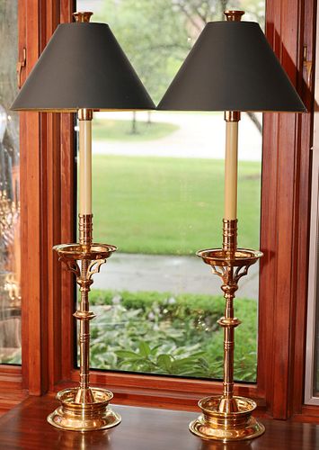 BRASS TABLE LAMPS, PAIR, H 34", DIA 6.5"