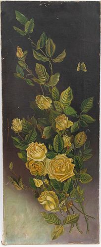 OIL ON CANVAS, C. 1900, H 40", W 16", WHITE ROSES 