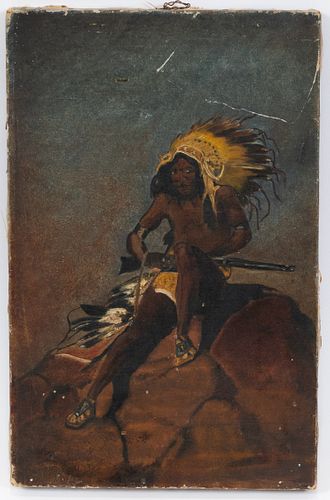 OIL ON CANVAS, C. 1900, H 14", W 9", NATIVE AMERICAN WITH RIFLE 