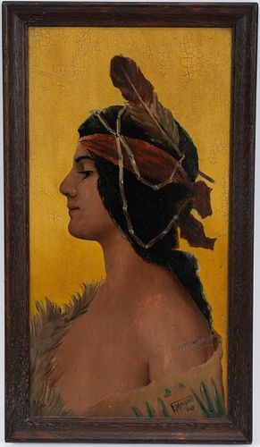 F. MAGUE, OIL ON ZINC PANEL, 1906, H 12", W 6", NATIVE AMERICAN WOMAN 