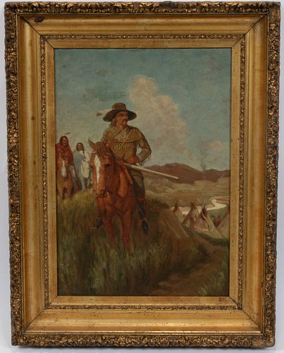 OIL ON BOARD, C. 1900, H 17", W 12", MAN WITH NATIVES ON HORSEBACK 