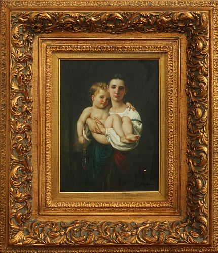 STEPHENS, OIL ON WOOD PANEL, MOTHER & CHILD, H 16", W 12" 