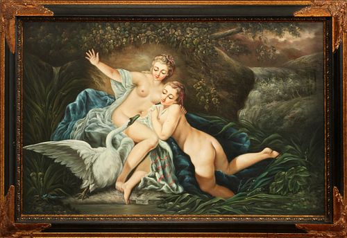 L. REMBRANDT, OIL ON CANVAS, VENUS WITH SWAN, LATE 20TH C. H 24", W 36" 