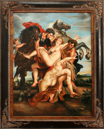 AFTER PETER PAUL RUEBENS (1577-1640) OIL ON CANVS, "RAPE OF THE DAUGHTERS OF LEUCIPPUS", 20TH C. H 39", W 29" 
