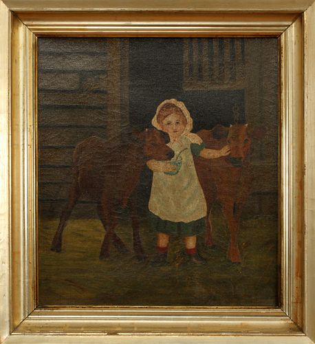 PRIMITIVE OIL ON CANVAS, 19TH C., H 18", W 16", YOUNG GIRL WITH CALF 