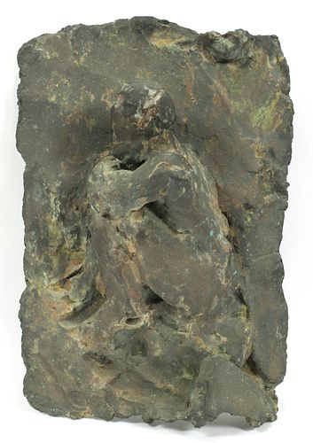 BRONZE PLAQUE OF A SEATED MAN, H 18", W 12" 