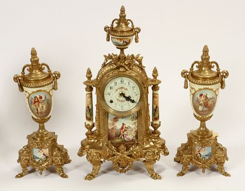 IMPERIAL,  ITALY, GILT METAL & PORCELAIN, GARNITURE SET, MID TO LATE 20TH. 3 PCS. H 13"-16", W 5"-9"