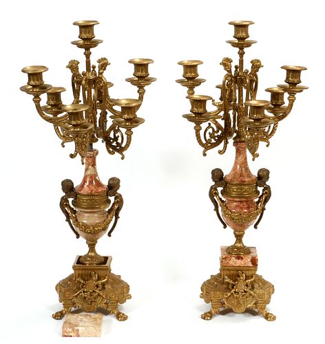 IMPERIAL ROUGE MARBLE & BRONZE SEVEN LIGHT CANDELABRA PAIR, H 24", W 10" 