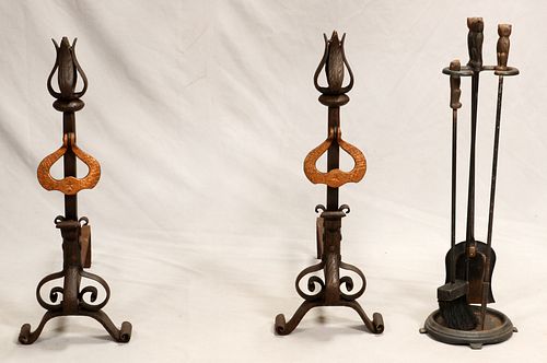 WROUGHT IRON  ANDIRONS & FIRE TOOLS, 20TH C. H 28", W 9.5", L 22" 