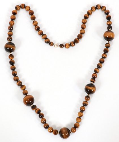 TIGERS EYE BEAD, & 14 KT YELLOW GOLD CLASP NECKLACE, L 36" TW. 257 GR. 