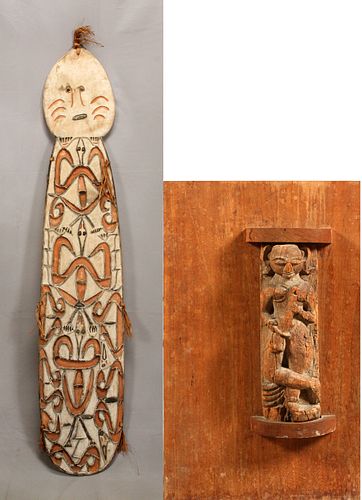 WOOD & MIXED MEDIA SHIELD, 71" X 15" & AN INDONESIAN WOOD CARVING, MAN WITH FISH, 19" X 11", 2 PIECES 