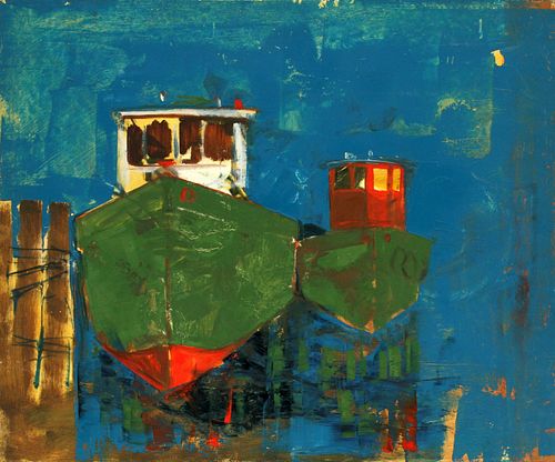 HAROLD COHN (AMER, MICH, 1908-1982), OIL ON MASONITE, H 20", W 24", TUGBOATS 
