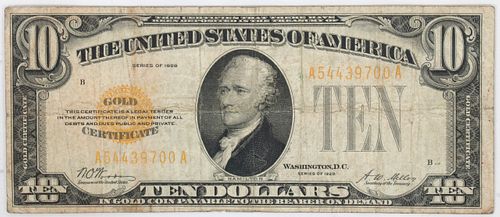 U.S. $10.DOLLAR GOLD CERTIFICATE, 1928, H 4", W 9" 