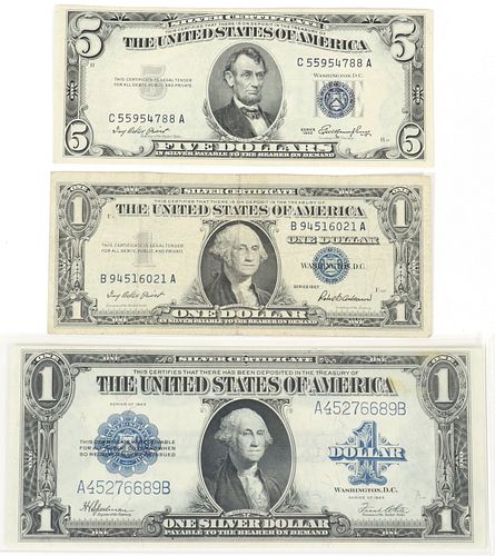 U.S. $1 & $5 SILVER CERTIFICATES, 1923-57, 3 PCS