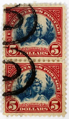 $5.DOLLAR LIBERTY DOME-HEAD STAMP RARE SCOTT #573-A176, 'NOT INVERTED' 1923 1 VERTICAL PAIR 