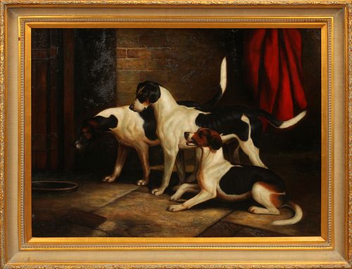 TAYLOR, OIL ON CANVAS, H 29", L 40", THREE HOUNDS 