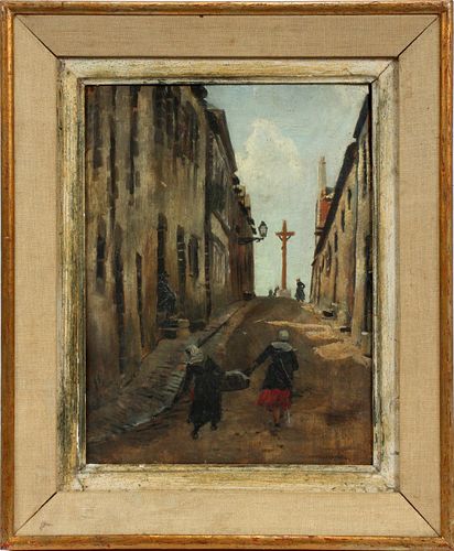 FRANK LEWIS EMANUEL (BRITISH,1866-1948), OIL ON BOARD, H 13", W 10", STREET SCENE WITH FIGURES 