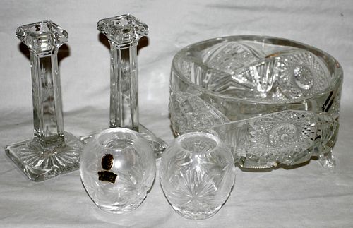 PRESSED GLASS CANDLESTICKS, BOWL & ROSE BOWLS, FIVE PIECES