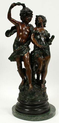 AFTER AUGUSTE MOREAU, BRONZE SCULPTURE, H 22", W 10", YOUNG COURTING COUPLE 
