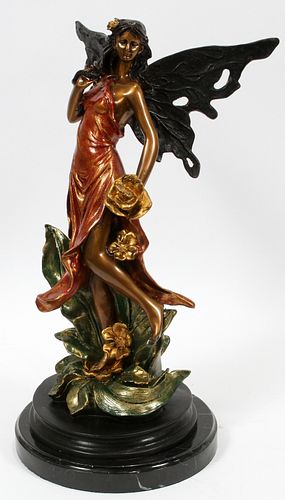 POLYCHROMED SCULPTURE  FAIRY HOLDING FLOWER WITH BUTTERFLY, H 17", W 9" 