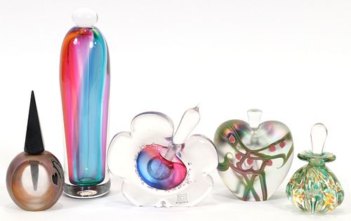 ART GLASS PERFUME BOTTLES, 5 PCS, H 4"-8" 