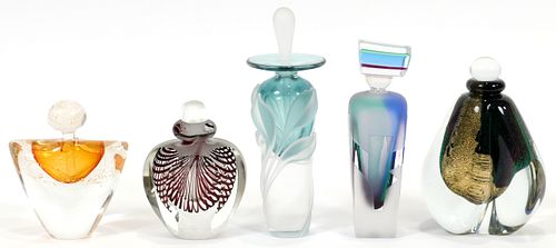 ART GLASS PERFUME BOTTLES, 5 PCS, H 4-7 sold at auction on 20th March