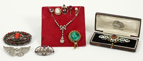 ANTIQUE BROOCHES AND STICK PINS & NECKLACE, 11 PCS. 