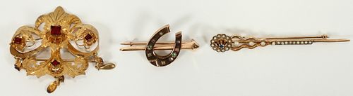 ANTIQUE & AUSTRO-HUNGARIAN YELLOW GOLD FILLED BROOCHES 3 PCS. 