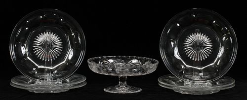 CUT GLASS COMPOTE, 6 HEISEY PLATES H 3 1/2" DIA 8" AND 8 1/2" 