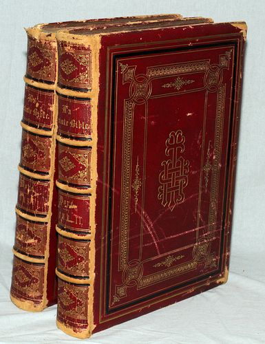 FRENCH, LEATHER, "LA SAINTE BIBLE" 1866, 2 VOLUMES, GUTAVE DORE 