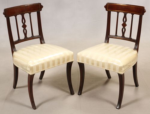 FEDERAL STYLE MAHOGANY WITH BRASS INLAY SIDE CHAIRS, C. 1940, PAIR, H 34"