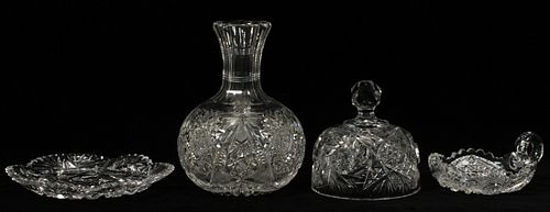 BRILLIANT CUT GLASS WATER CARAFE, CHEESE DOME, NAPPY & TRAY, C. 1900, 4 PCS 
