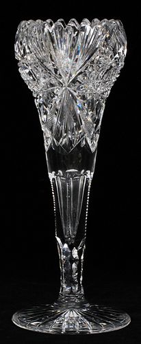 BRILLIANT PERIOD  CUT GLASS FLOWER VASE C. 1900 H 10" 