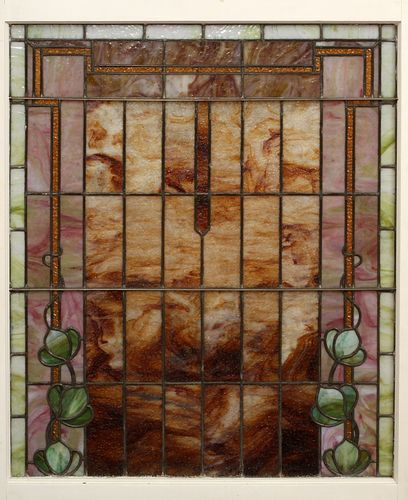 STAINED AND LEADED GLASS WINDOW H 39", W 33" 
