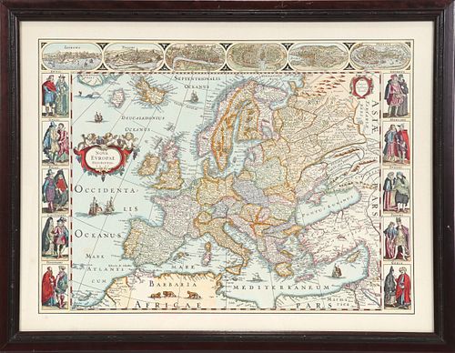 HAND COLORED LITHOGRAPH, REPRODUCTION MAP 'NOVA EUROPAE ,1637', H 19", W 25" 
