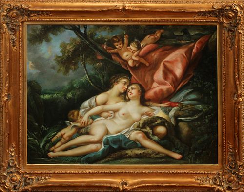 V. ROSE OIL ON CANVAS, LOVERS IN A GARDEN, LATE 20TH C. H 30", W 41" 