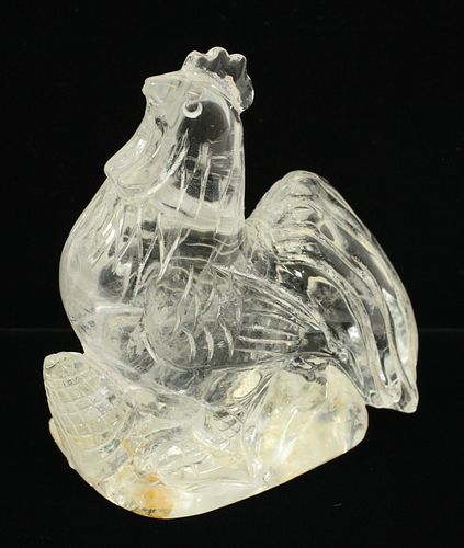 CHINESE CLEAR-QUARTZ CARVED ROOSTER, 19TH.C. H 4" W 4" 