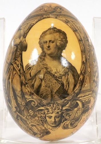 RUSSIAN DECOUPAGE EGG, CURRENCY DECORATION OF CATHERINE THE GREAT L 12 MM 