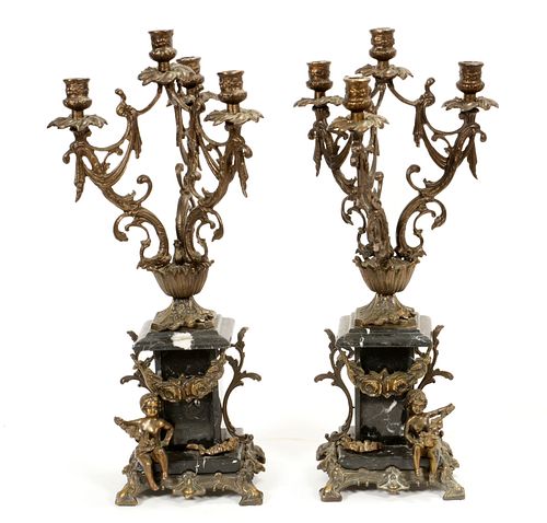 FRENCH BLACK MARBLE AND CAST METAL 4-LIGHT CANDELABRUM , PAIR, H 23", W 7" 