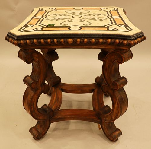 SQUARE  CARVED WALNUT TABLE, H 28", W 24"