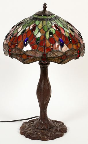 DALE TIFFANY LEADED GLASS & PATINATED METAL TABLE LAMP, H 23", DIA 14" 