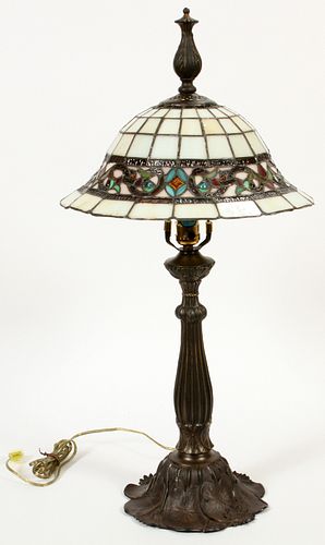LEADED GLASS & PATINATED METAL TABLE LAMP, H 29", DIA 14 1/2" 