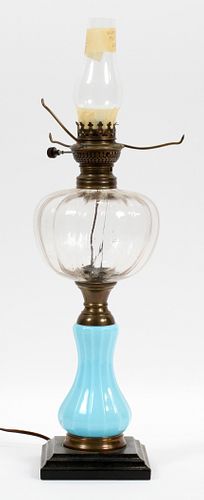 AMERICAN ART GLASS OIL LAMP,  C 1850 H 20" 