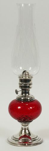 RUBY GLASS, SILVERPLATE HURRICANE LAMP H 17" DIA 4.5" 