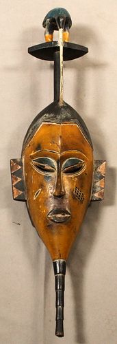 AFRICAN CARVED WOOD MASK, 20TH C, W 8.5" L 30" 