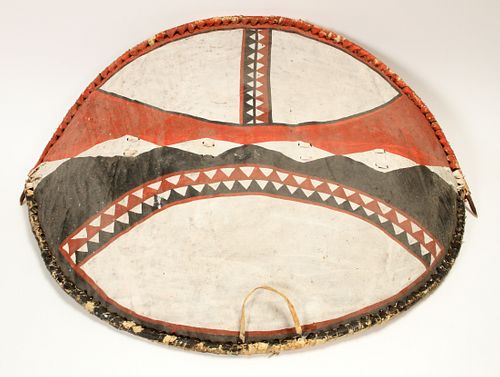 AMERICAN INDIAN DECORATED  SHIELD, C. 1900, H 26", W 32" 