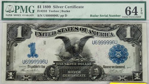 U.S. CERTIFIED $1.DOLLAR 1899 SILVER CERTIFICATE GRADED MS-64 CHOICE UNCIRCULATED EAGLE H 14.5 W 22 MM 