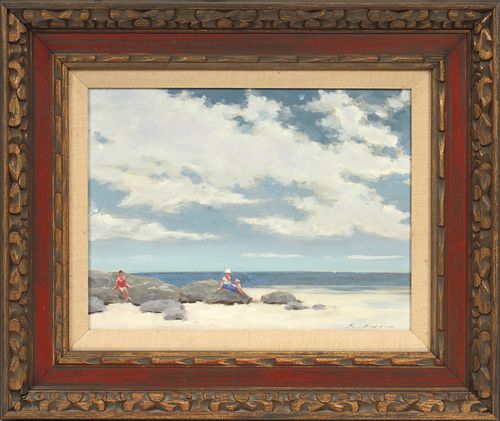 ANDRE GISSON (AMER. 1921-2003), OIL ON CANVAS, H 12", W 16", BEACH SCENE WITH FIGURES 
